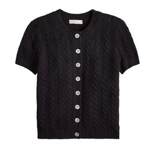 J. Crew Cable Knit Short Sleeve Cardigan Sweater Top Medium Black